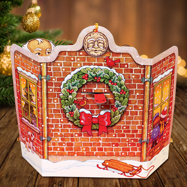 Santa's Print Shop Pop Up Christmas Card Back View with Christmas Wreath